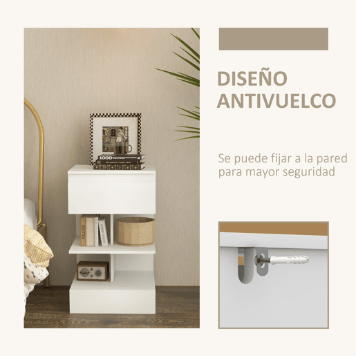 HOMCOM Mesa de Cabeceira Mesa Auxiliar com 1 Gaveta e 2 Prateleiras Abertas para Quarto Sala Cama Escritório Estilo Moderno 39x39x65 cm Branco