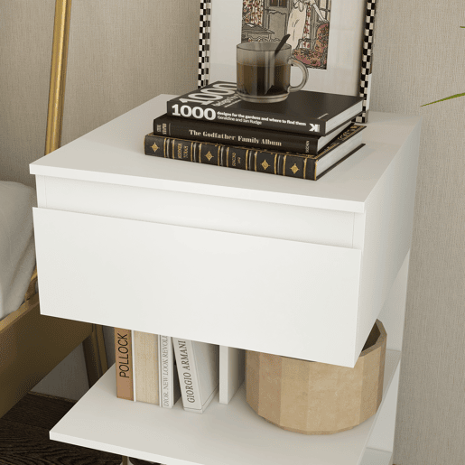 HOMCOM Mesa de Cabeceira Mesa Auxiliar com 1 Gaveta e 2 Prateleiras Abertas para Quarto Sala Cama Escritório Estilo Moderno 39x39x65 cm Branco