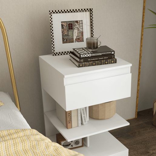 HOMCOM Mesa de Cabeceira Mesa Auxiliar com 1 Gaveta e 2 Prateleiras Abertas para Quarto Sala Cama Escritório Estilo Moderno 39x39x65 cm Branco