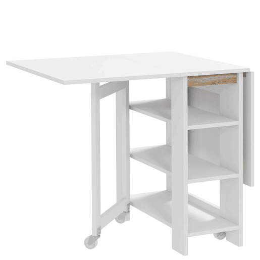 HOMCOM Mesa Dobrável com Asas Dobráveis Mesa de Cozinha com 2 Rodas e Prateleiras Estilo Moderno 120x60x75 cm Branco