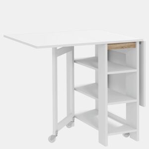 HOMCOM Mesa Dobrável com Asas Dobráveis Mesa de Cozinha com 2 Rodas e Prateleiras Estilo Moderno 120x60x75 cm Branco