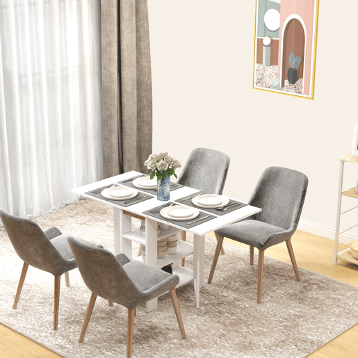 HOMCOM Mesa Dobrável com Asas Dobráveis Mesa de Cozinha com 2 Rodas e Prateleiras Estilo Moderno 120x60x75 cm Branco