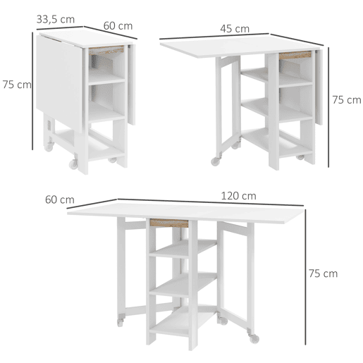 HOMCOM Mesa Dobrável com Asas Dobráveis Mesa de Cozinha com 2 Rodas e Prateleiras Estilo Moderno 120x60x75 cm Branco