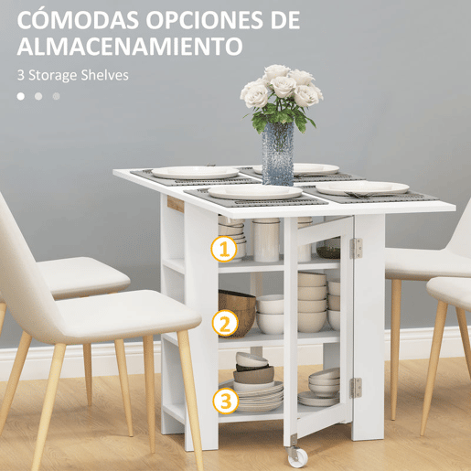 HOMCOM Mesa Dobrável com Asas Dobráveis Mesa de Cozinha com 2 Rodas e Prateleiras Estilo Moderno 120x60x75 cm Branco
