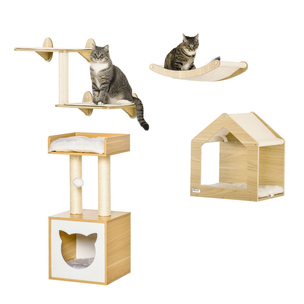 Pawhut conjunto para gatos juego de casa para gatos de 2 niveles con cama superior cojines lavables y estantes para gatos 3 piezas de pared con hamaca 35x35x81 cm roble