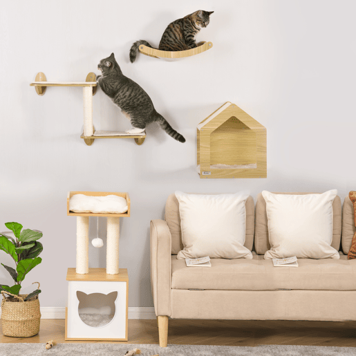 PawHut Conjunto para Gatos Arranhador para Gatos de 2 Níveis com Cama Superior Almofadas Laváveis e Conjunto de Escalar de Parede com 3 Peças com Rede 35x35x81 cm Carvalho e Branco