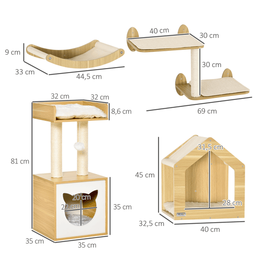 PawHut Conjunto para Gatos Arranhador para Gatos de 2 Níveis com Cama Superior Almofadas Laváveis e Conjunto de Escalar de Parede com 3 Peças com Rede 35x35x81 cm Carvalho e Branco
