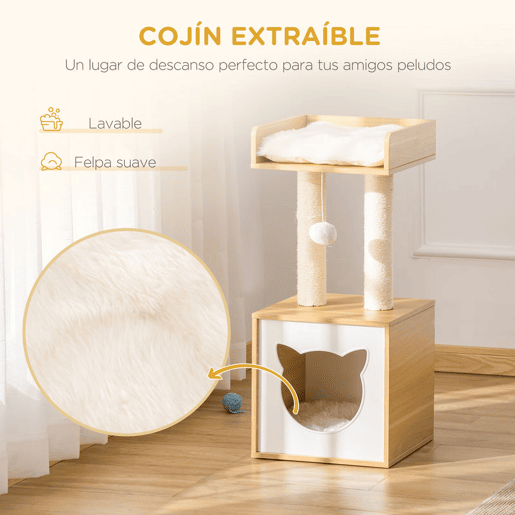PawHut Conjunto para Gatos Arranhador para Gatos de 2 Níveis com Cama Superior Almofadas Laváveis e Conjunto de Escalar de Parede com 3 Peças com Rede 35x35x81 cm Carvalho e Branco