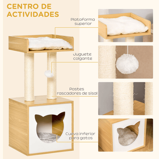 PawHut Conjunto para Gatos Arranhador para Gatos de 2 Níveis com Cama Superior Almofadas Laváveis e Conjunto de Escalar de Parede com 3 Peças com Rede 35x35x81 cm Carvalho e Branco
