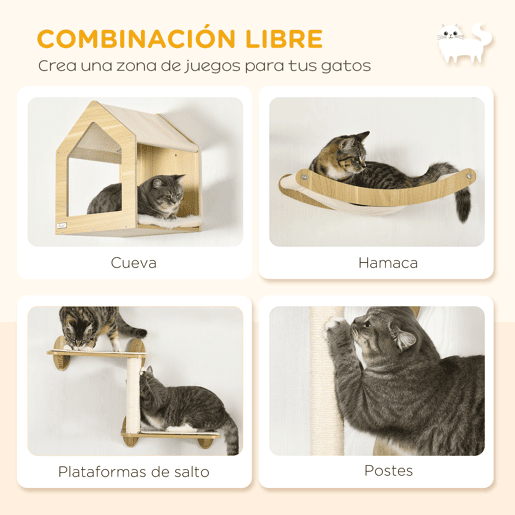 PawHut Conjunto para Gatos Arranhador para Gatos de 2 Níveis com Cama Superior Almofadas Laváveis e Conjunto de Escalar de Parede com 3 Peças com Rede 35x35x81 cm Carvalho e Branco