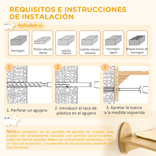 PawHut Conjunto para Gatos Arranhador para Gatos de 2 Níveis com Cama Superior Almofadas Laváveis e Conjunto de Escalar de Parede com 3 Peças com Rede 35x35x81 cm Carvalho e Branco