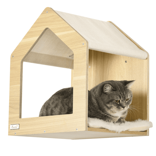 PawHut Conjunto para Gatos Arranhador para Gatos de 2 Níveis com Cama Superior Almofadas Laváveis e Conjunto de Escalar de Parede com 3 Peças com Rede 35x35x81 cm Carvalho e Branco