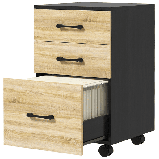 HOMCOM Arquivador de Escritório Móvel de Arquivos com 4 Rodas 3 Gavetas para Tamanho A4 Carta para Secretária 40x42x65 cm Carvalho e Preto