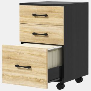 HOMCOM Arquivador de Escritório Móvel de Arquivos com 4 Rodas 3 Gavetas para Tamanho A4 Carta para Secretária 40x42x65 cm Carvalho e Preto