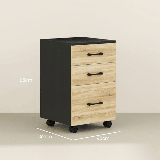 HOMCOM Arquivador de Escritório Móvel de Arquivos com 4 Rodas 3 Gavetas para Tamanho A4 Carta para Secretária 40x42x65 cm Carvalho e Preto