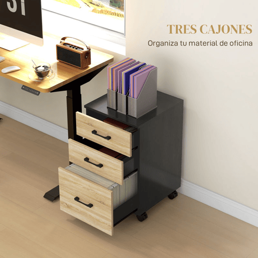HOMCOM Arquivador de Escritório Móvel de Arquivos com 4 Rodas 3 Gavetas para Tamanho A4 Carta para Secretária 40x42x65 cm Carvalho e Preto