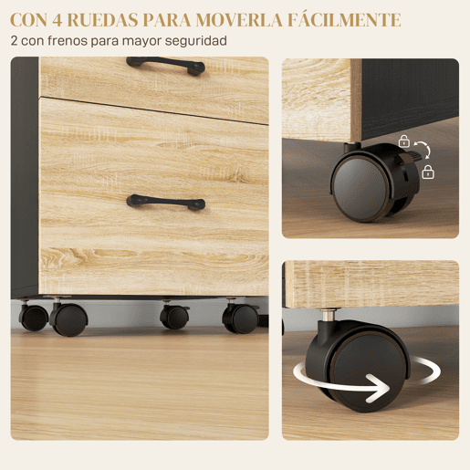 HOMCOM Arquivador de Escritório Móvel de Arquivos com 4 Rodas 3 Gavetas para Tamanho A4 Carta para Secretária 40x42x65 cm Carvalho e Preto