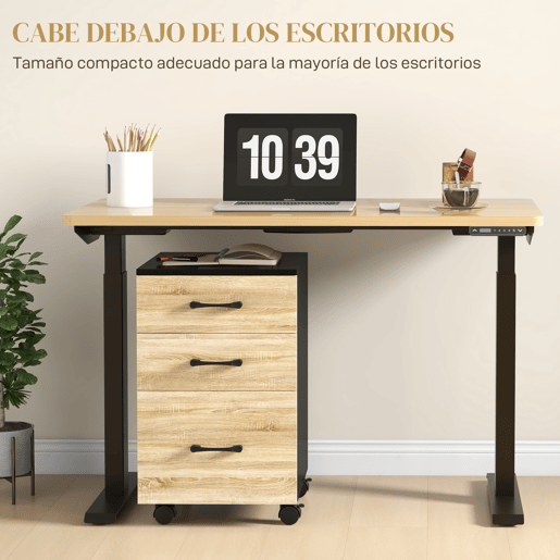 HOMCOM Arquivador de Escritório Móvel de Arquivos com 4 Rodas 3 Gavetas para Tamanho A4 Carta para Secretária 40x42x65 cm Carvalho e Preto