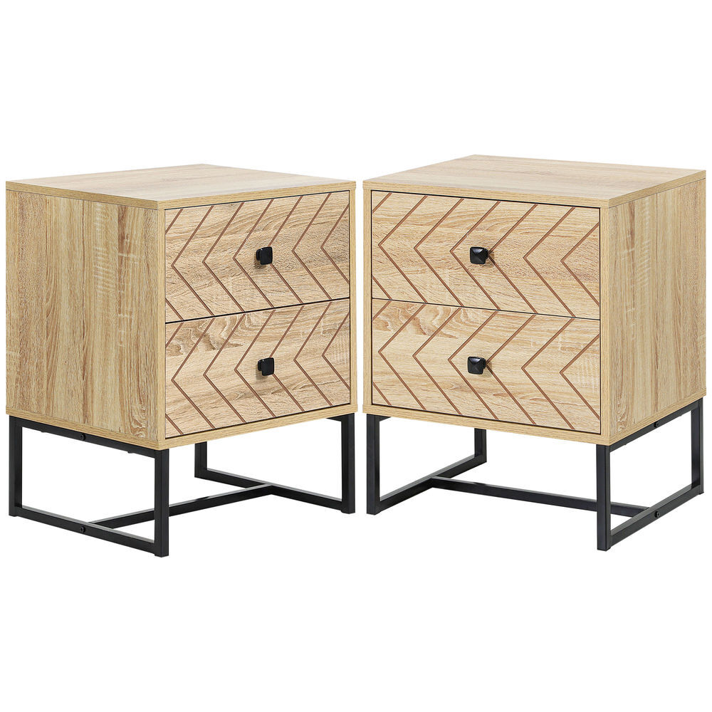 Homcom conjunto de 2 mesitas de noche mesillas de noche con 2 cajones y patas de metal estilo moderno para dormitorio salón oficina 48x39,5x60 cm natural
