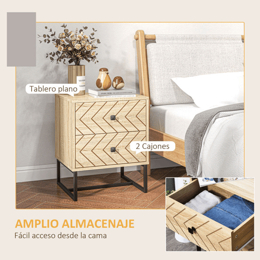 HOMCOM Conjunto de 2 Mesas de Cabeceira Mesas de Cabeceira com 2 Gavetas e Pés de Metal Estilo Moderno para Quarto Sala de Estar Escritório 48x39,5x60 cm Natural