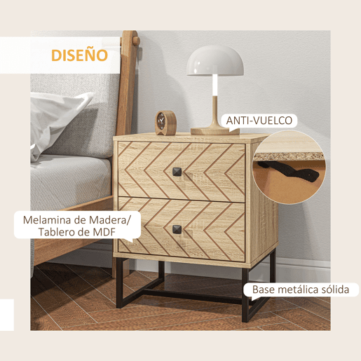 HOMCOM Conjunto de 2 Mesas de Cabeceira Mesas de Cabeceira com 2 Gavetas e Pés de Metal Estilo Moderno para Quarto Sala de Estar Escritório 48x39,5x60 cm Natural