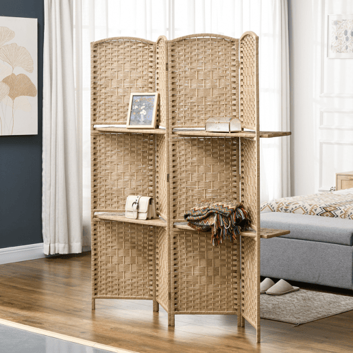 HOMCOM Biombo de 4 Painéis 160x170 cm Separador de Ambientes Dobrável com 2 Prateleiras de Exibição para Escritório Quarto Natural