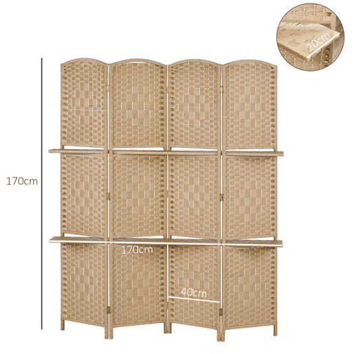 HOMCOM Biombo de 4 Painéis 160x170 cm Separador de Ambientes Dobrável com 2 Prateleiras de Exibição para Escritório Quarto Natural