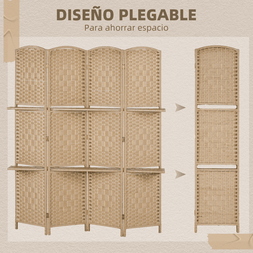 HOMCOM Biombo de 4 Painéis 160x170 cm Separador de Ambientes Dobrável com 2 Prateleiras de Exibição para Escritório Quarto Natural