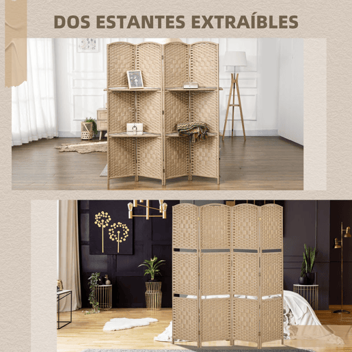 HOMCOM Biombo de 4 Painéis 160x170 cm Separador de Ambientes Dobrável com 2 Prateleiras de Exibição para Escritório Quarto Natural