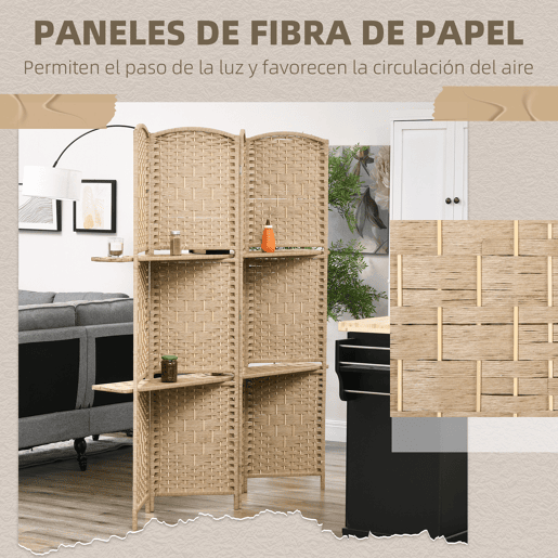 HOMCOM Biombo de 4 Painéis 160x170 cm Separador de Ambientes Dobrável com 2 Prateleiras de Exibição para Escritório Quarto Natural
