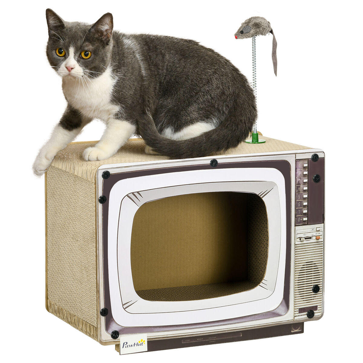 Pawhut rascador de cartón para gatos tablero para rascar en forma de televisor con ratón de juguete centro de actividades para mascotas 43x23x32,5 cm arena