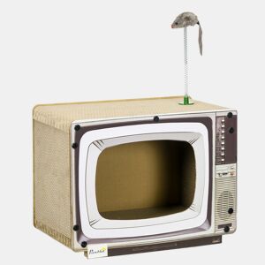 PawHut Arranhador de Cartão para Gatos Casa para Gatos em Forma de Televisor com Rato de Brinquedo Centro de Atividades para Animais de Estimação 43x23x32,5 cm Areia