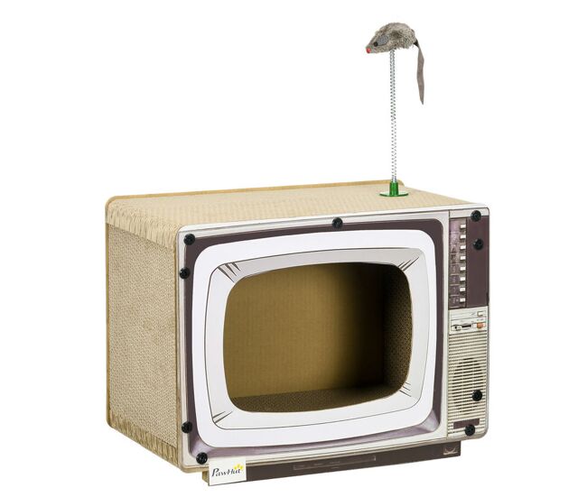 Pawhut rascador de cartón para gatos tablero para rascar en forma de televisor con ratón de juguete centro de actividades para mascotas 43x23x32,5 cm