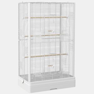 PawHut Gaiola para Pássaros 61x36,5x98 cm Gaiola para Aves com Portas Poleiros Bandeja Removível Caixas de Comida e Alças para Canários Periquitos Branco