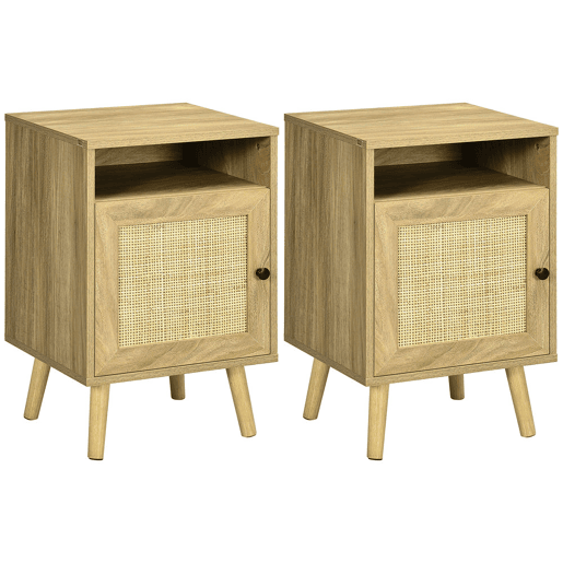 HOMCOM Conjunto de 2 Mesas de Cabeceira Mesas de Cabeceira com Portas de Vime Compartimentos Abertos e Sistema Anti-Tombo Mesas Auxiliares para Dormitório Sala de Estar 39x35x60 cm Madeira