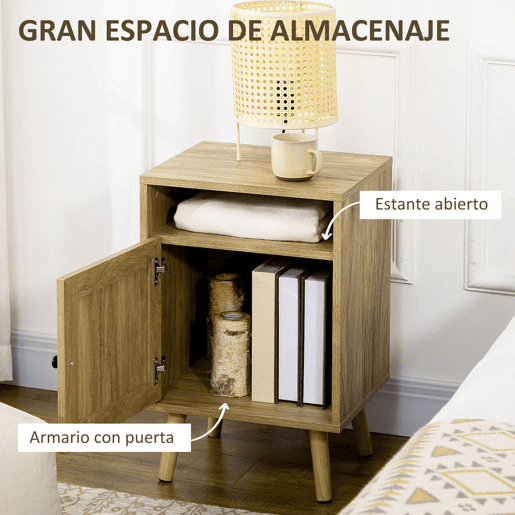 HOMCOM Conjunto de 2 Mesas de Cabeceira Mesas de Cabeceira com Portas de Vime Compartimentos Abertos e Sistema Anti-Tombo Mesas Auxiliares para Dormitório Sala de Estar 39x35x60 cm Madeira
