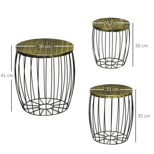 Outsunny Conjunto de 3 Mesas de Jardim Empilháveis Mesas Auxiliares de Jardim Redondas com Estrutura Metálica e Tampo Imitação Vime para Varanda Terraço Pátio Preto