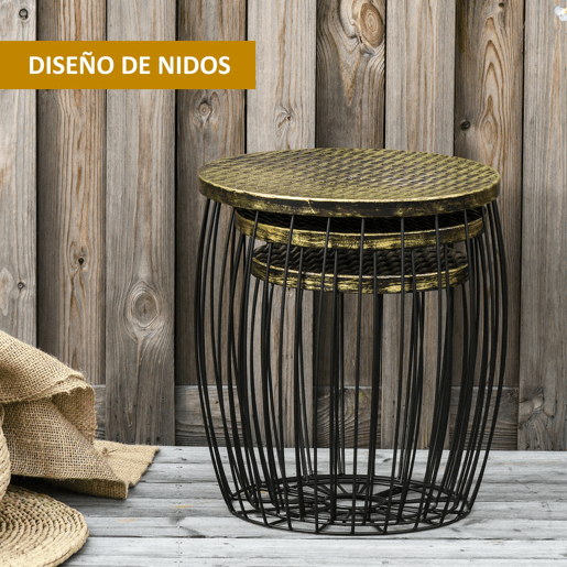 Outsunny Conjunto de 3 Mesas de Jardim Empilháveis Mesas Auxiliares de Jardim Redondas com Estrutura Metálica e Tampo Imitação Vime para Varanda Terraço Pátio Preto