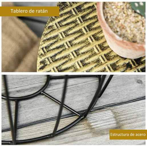 Outsunny Conjunto de 3 Mesas de Jardim Empilháveis Mesas Auxiliares de Jardim Redondas com Estrutura Metálica e Tampo Imitação Vime para Varanda Terraço Pátio Preto