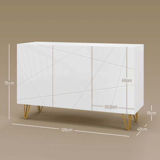 HOMCOM Aparador para Sala Aparador de Entrada com 3 Portas e Prateleiras Ajustáveis Armário de Armazenamento para Cozinha Sala 120x40x75 cm Branco Brilhante