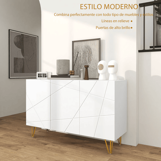 HOMCOM Aparador para Sala Aparador de Entrada com 3 Portas e Prateleiras Ajustáveis Armário de Armazenamento para Cozinha Sala 120x40x75 cm Branco Brilhante