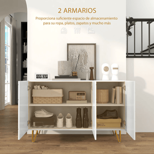 HOMCOM Aparador para Sala Aparador de Entrada com 3 Portas e Prateleiras Ajustáveis Armário de Armazenamento para Cozinha Sala 120x40x75 cm Branco Brilhante