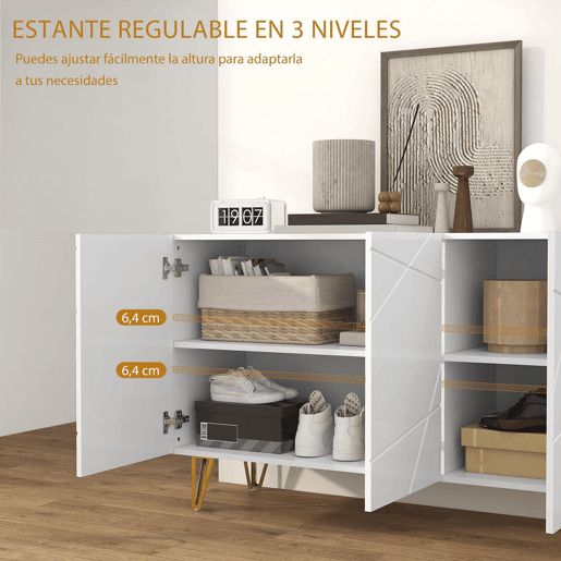 HOMCOM Aparador para Sala Aparador de Entrada com 3 Portas e Prateleiras Ajustáveis Armário de Armazenamento para Cozinha Sala 120x40x75 cm Branco Brilhante