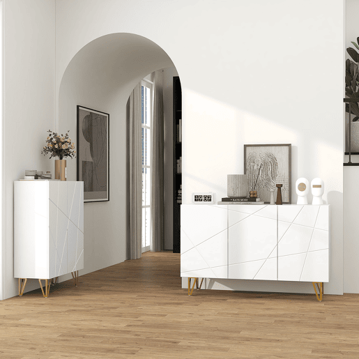 HOMCOM Aparador para Sala Aparador de Entrada com 3 Portas e Prateleiras Ajustáveis Armário de Armazenamento para Cozinha Sala 120x40x75 cm Branco Brilhante
