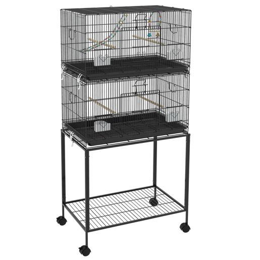 PawHut Gaiola Dupla e Empilhável para Pássaros 77x46x164 cm Gaiola de Metal para Pássaros com Rodas Poleiros Bandeja Amovível Comedouros Baloiço e Escada para Periquitos Canários Preto