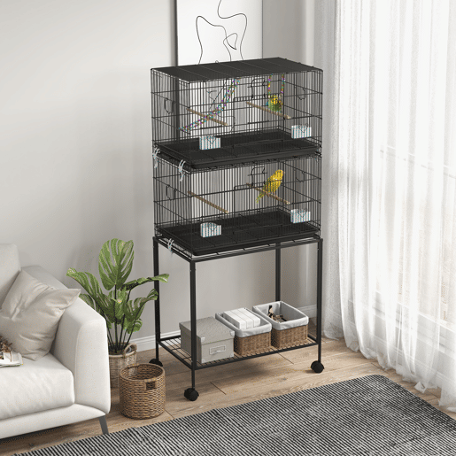 PawHut Gaiola Dupla e Empilhável para Pássaros 77x46x164 cm Gaiola de Metal para Pássaros com Rodas Poleiros Bandeja Amovível Comedouros Baloiço e Escada para Periquitos Canários Preto