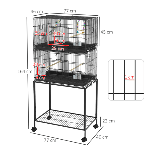 PawHut Gaiola Dupla e Empilhável para Pássaros 77x46x164 cm Gaiola de Metal para Pássaros com Rodas Poleiros Bandeja Amovível Comedouros Baloiço e Escada para Periquitos Canários Preto