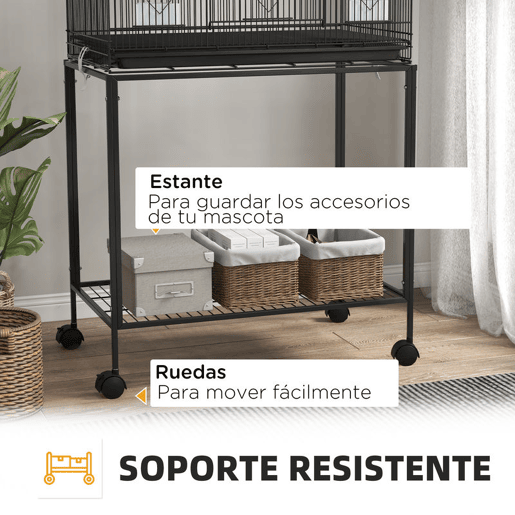 PawHut Gaiola Dupla e Empilhável para Pássaros 77x46x164 cm Gaiola de Metal para Pássaros com Rodas Poleiros Bandeja Amovível Comedouros Baloiço e Escada para Periquitos Canários Preto