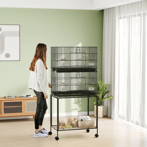 PawHut Gaiola Dupla e Empilhável para Pássaros 77x46x164 cm Gaiola de Metal para Pássaros com Rodas Poleiros Bandeja Amovível Comedouros Baloiço e Escada para Periquitos Canários Preto