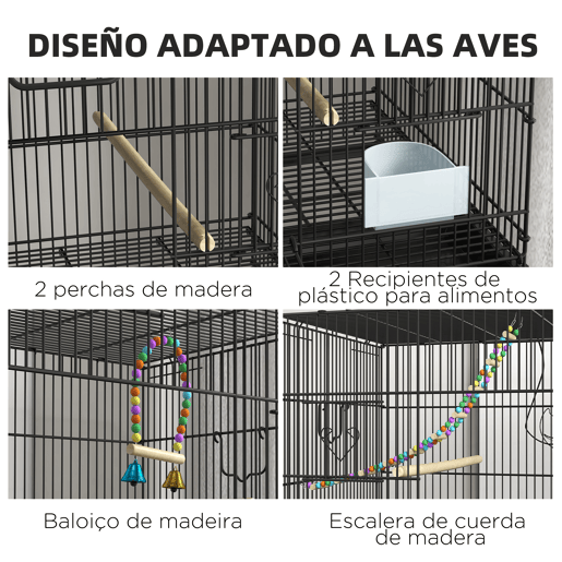 PawHut Gaiola Dupla e Empilhável para Pássaros 77x46x164 cm Gaiola de Metal para Pássaros com Rodas Poleiros Bandeja Amovível Comedouros Baloiço e Escada para Periquitos Canários Preto
